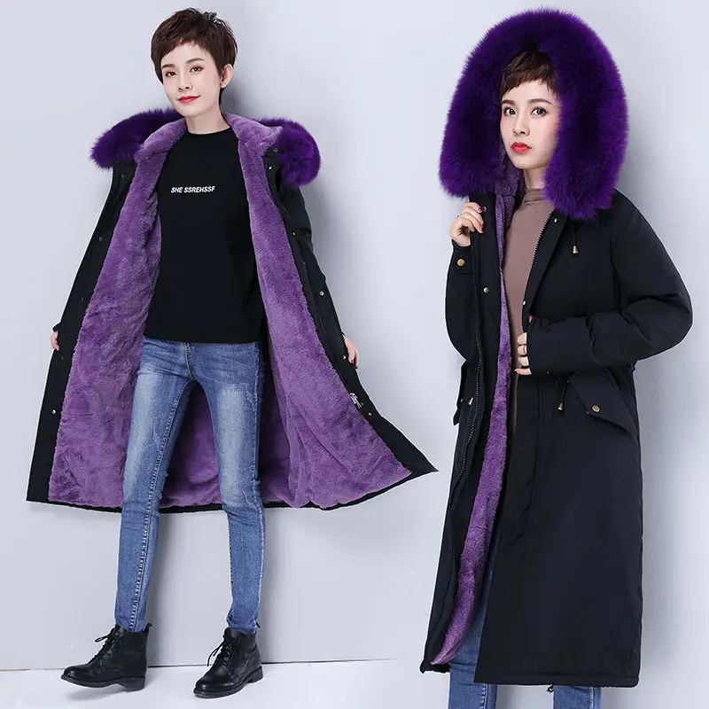 Parka Coat Long Winter Jacket Women Warm Big Fur Plus Size Female Lady Overcoat Outwear Clothes Black Windproof Tops Hat