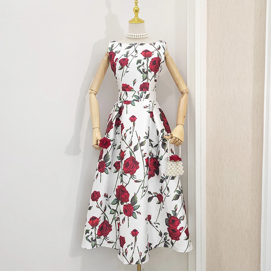 

Summer 2021 New French Retro Rose Printed Waist-Controlled Slim-Fit Pleated Large Hem Dress