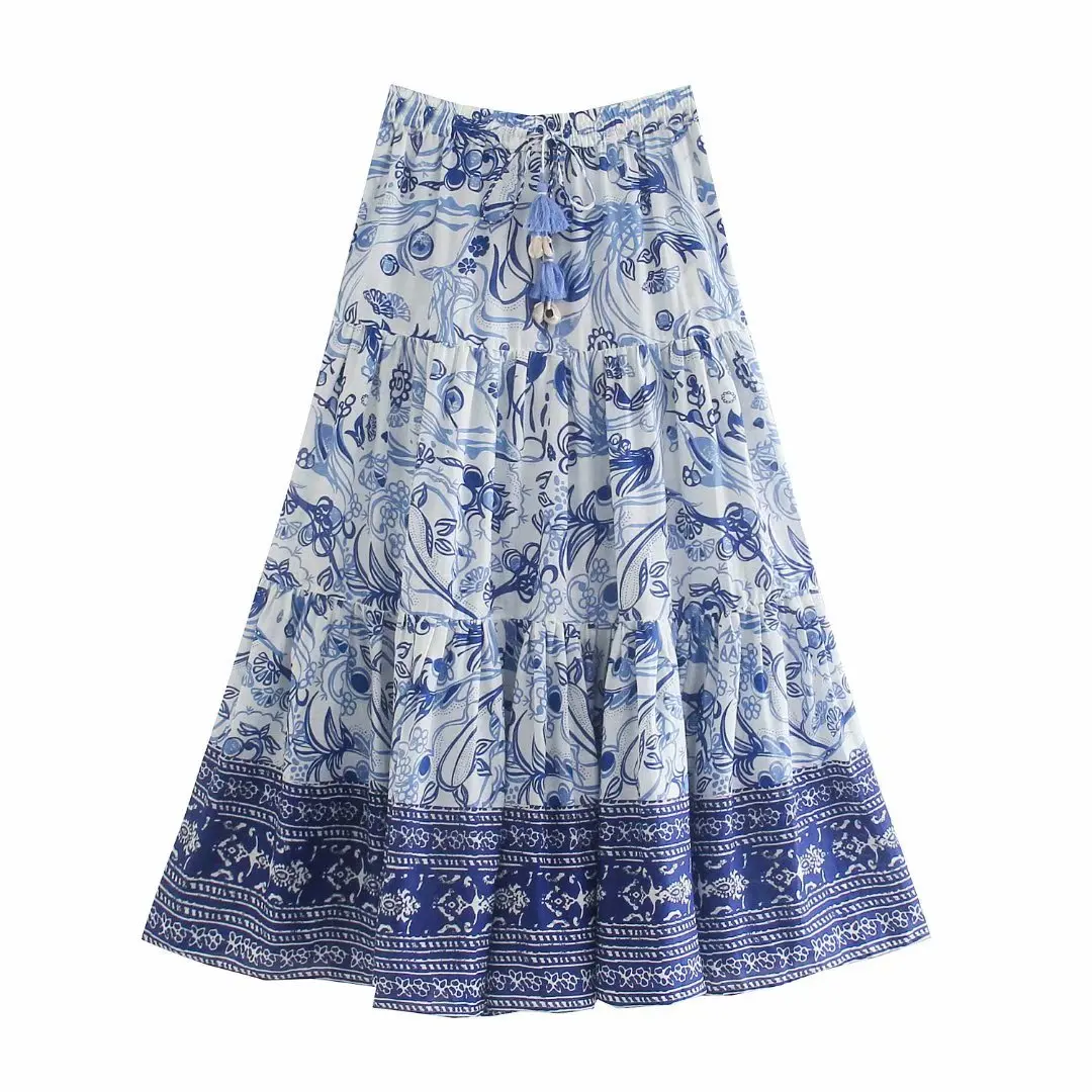 

2021 Elegant Women Vintage Summer Blue Floral Printed Skirt Drawstring High-waist Midi skirts Woman jupe longue femme