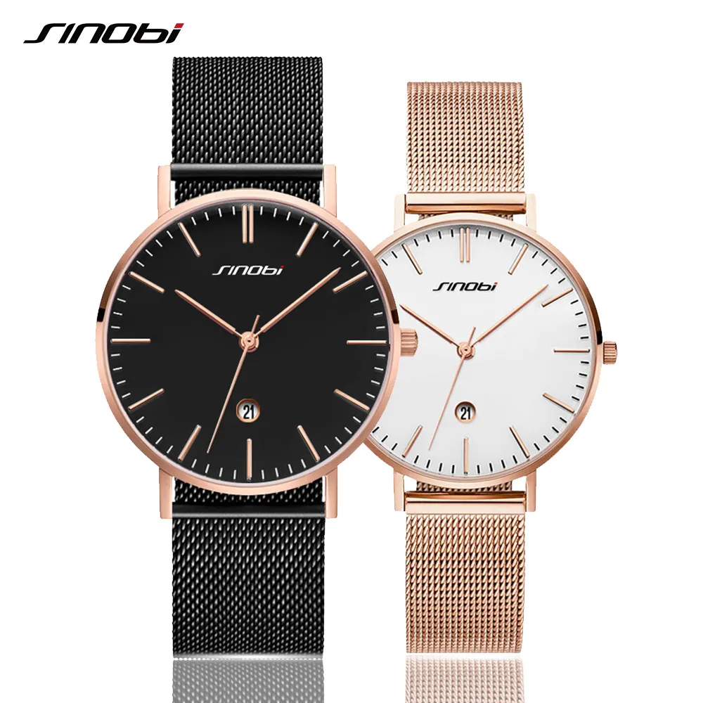 

SINOBI Fashion Men Quartz Watches Stainless Steel Mesh Strap Women Wristwatches Waterproof Calendar Couple Lover Female Watches