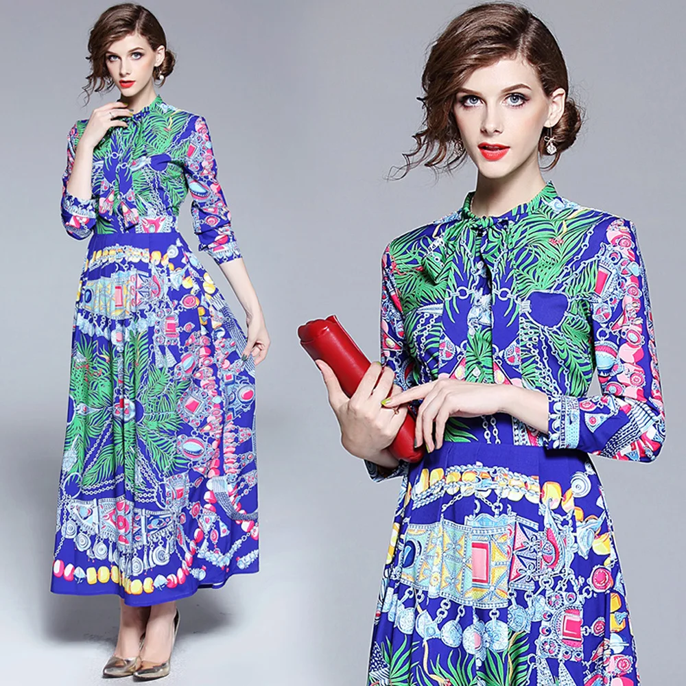 2020 Лето Весна Мода Подиум длинный рукав галстук бабочка Шеи женское цветочный