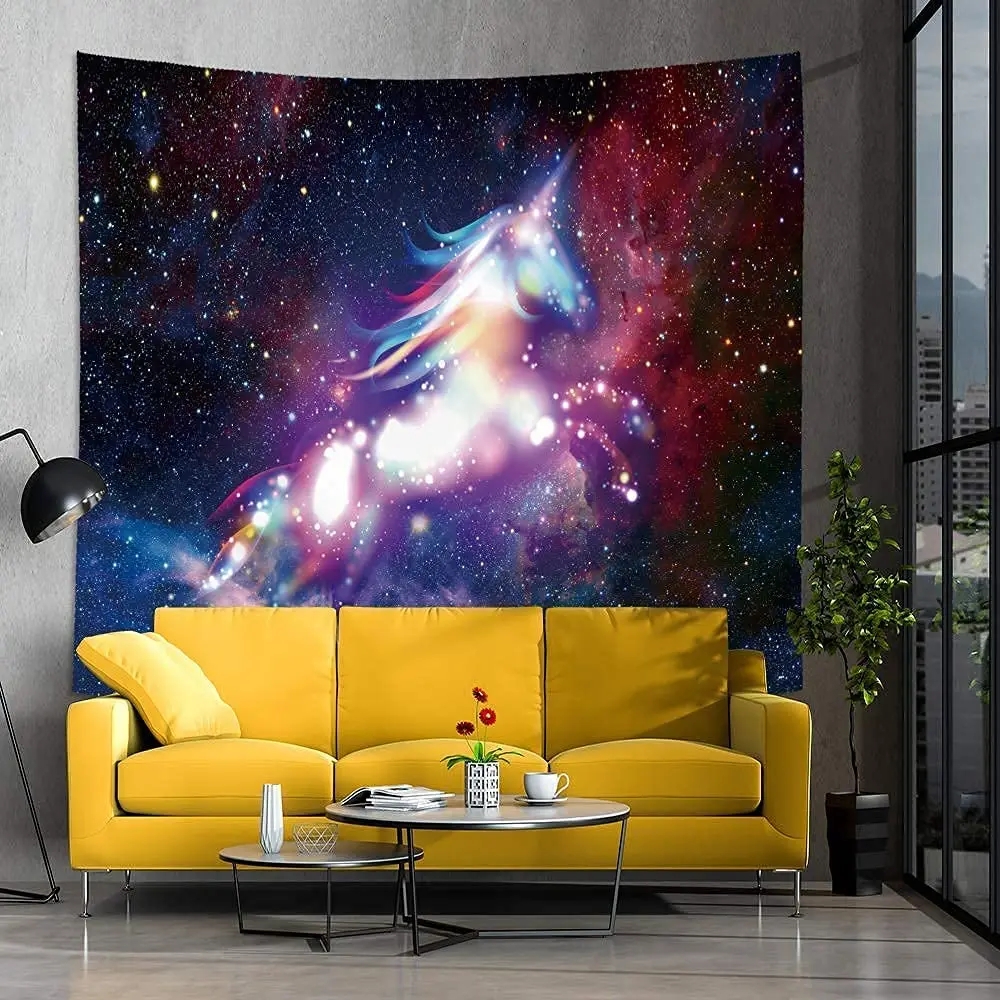 Tapiz de unicornio de galaxia, arte de pared estrellado colgante, arte de pared bohemio de poli&eacute;ster-4