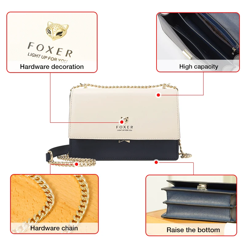 foxer office women split leather commuter shoulder bag fashion hit color crossbody bag large capacity organ style chain bag girl free global shipping
