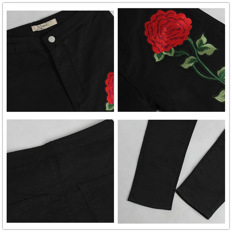 

Fashion rose Embroidery hole hight Elastic black waist denim jeans women 2020 spring autumn pencil long pants pantalon mujer 314