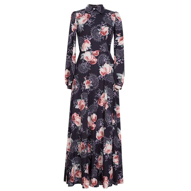 

Elegant Long Dresss 2020 Autumn Style Women Turn-down Collar Charming Flower Print Long Sleeve Maxi Dress for Party Evening 3XL