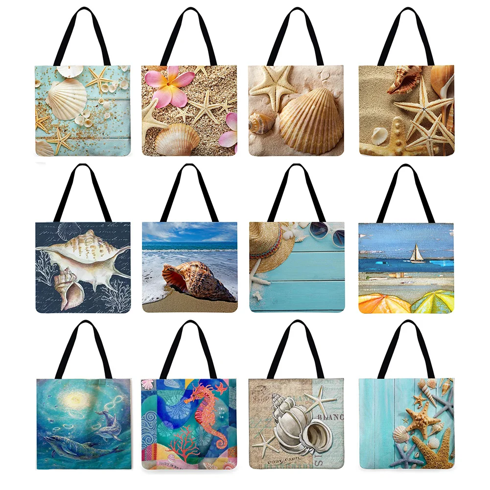 

Beach Starfish Shell Printed Shoulder Shopping Bag Casual Ladies Beach Printed Linen Shoulder Shopping Bag Trend