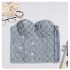 Женские Стразы, Джинсовый корсет, топ, бандаж, длинный бюстье, бюстгальтер на молнии, без бретелек, со стразами, синий топ на бретелях, праздничная одежда