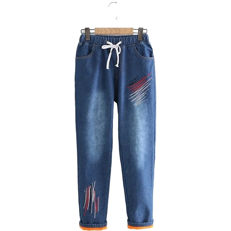 

Женские джинсы с вышивкой, прямые штаны с бархатной подкладкой и эластичным поясом, повседневные, плотные, зима 2020, S-2XL, 2011171