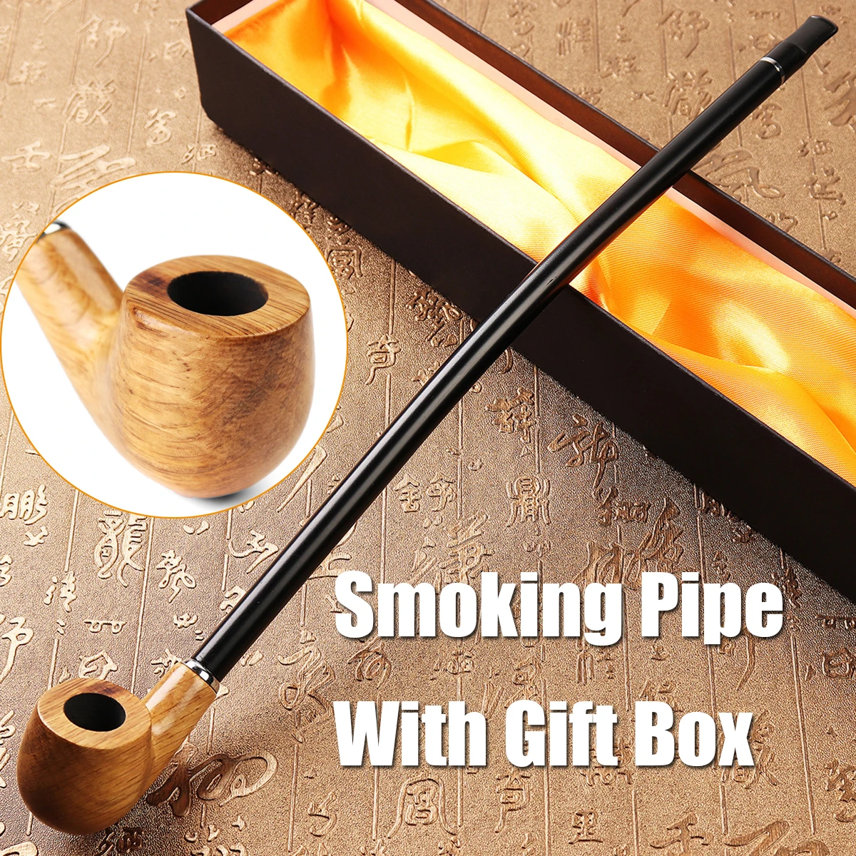 

15.7'' Wooden Smoking Pipe Tobacco Cigarettes Ciga Pipes Long Handle W/ Gift Box