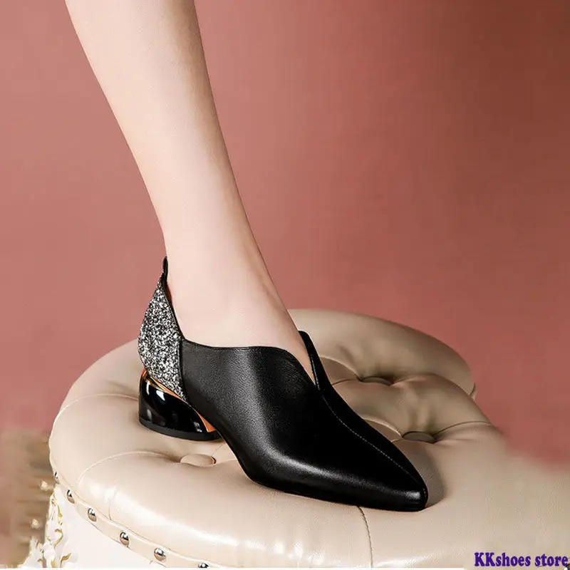 

Spring Shoes Woman Mid Heels 2020 Women Pumps Pointed toe Office Lady Work Shoe Thick Heel Sequince Soft PU LEATHER Black Silver