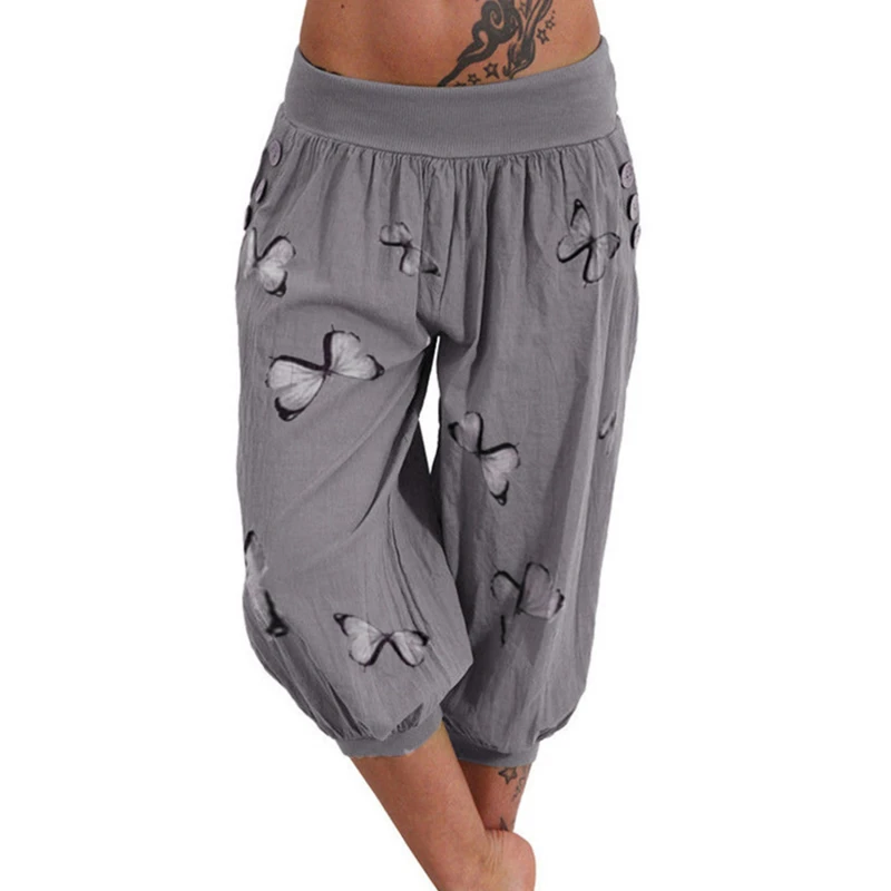 

Summer Print Women Capris Pants High Waist Harem Pants Streetwear Female Pocket Baggy Capri Jogger Trousers Bottoms