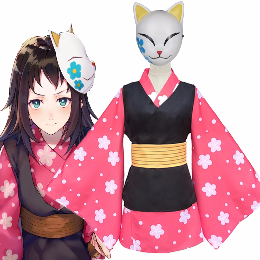 

Anime Demon Slayer Kimetsu no Yaiba Makomo Full Set Cosplay Costume Women Mens Kimono Uniform PVC Mask Wig Halloween Party Suit