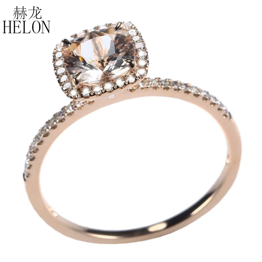 HELON Solid 18K Rose Gold Certified Cushion 0.9ct Natural morganite Diamond Engagement Wedding Women Jewelry Ring Claw Prongs | Украшения и