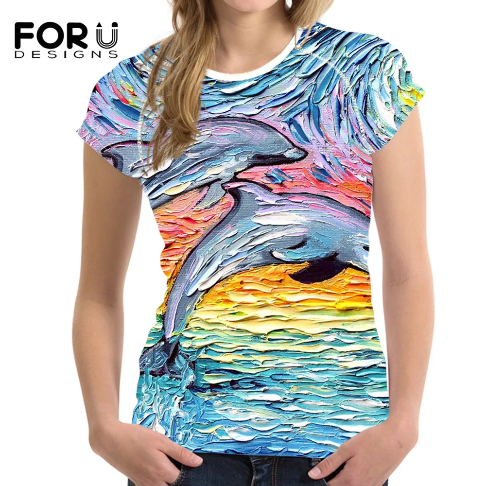 

FORUDESIGNS Comfort T Shirt Women Cartoon Funny Dolphin Pattern Design Brand Ladies Tops O-Neck Short Sleeve T-shirt for Girls