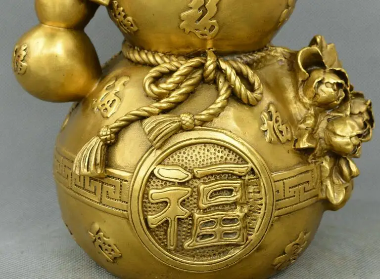 

Chinese fengshui old Bronze bottle gourd bless gourd peony auspicious Statue