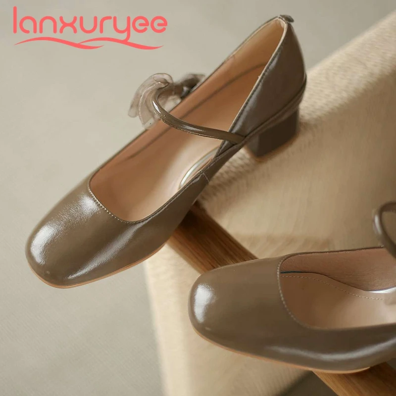 

Lanxuryee fairy style cow split leather gladiator butterfly-knot square toe thick med heel buckle straps basic women pumps L22