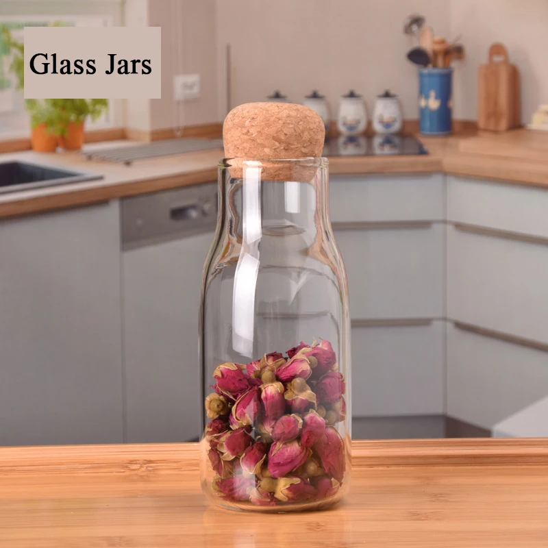 

Кухонный стеклянный контейнер для хранения, стеклянный прозрачный контейнер для еды с пробковой крышкой, для сухофруктов, чая, кофейных зер...