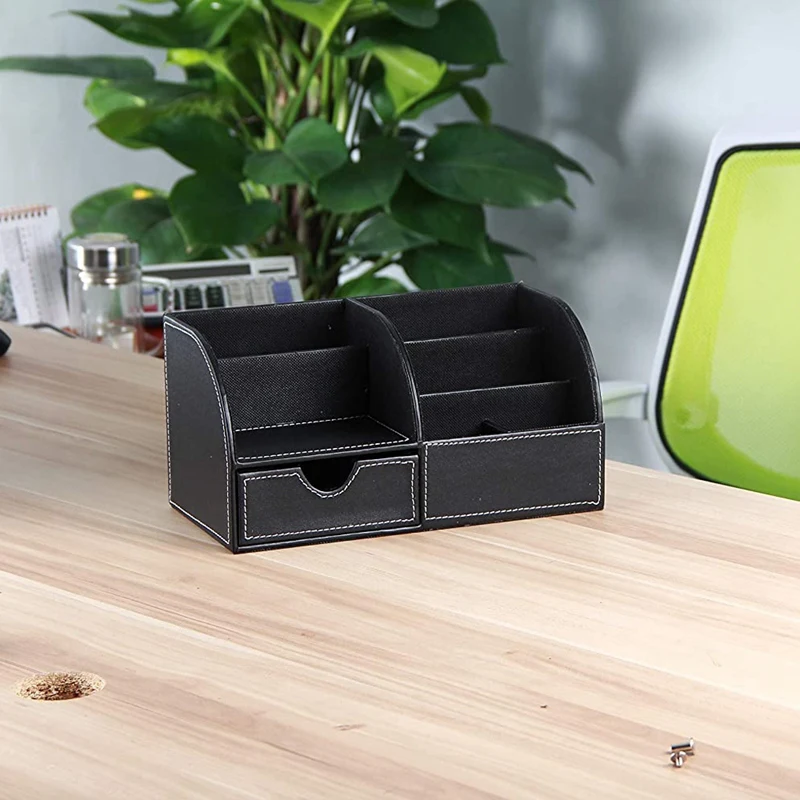 

PU Leather Multifunctional Desk Organizer Storage Box - Business Card/Pen/Phone/Stationery Holder (Full PU Black )