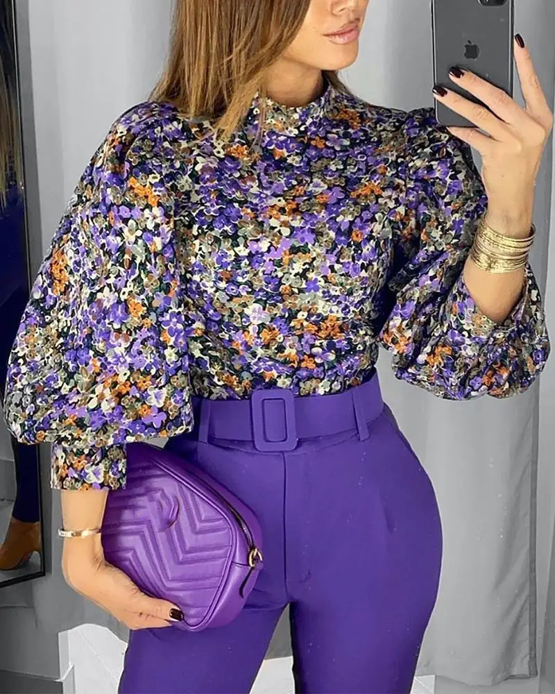 

2020 Women Elegant Fashion Casual Shirt Female Stylish Basic Party Blouse Floral Print Lantern Sleeve Top