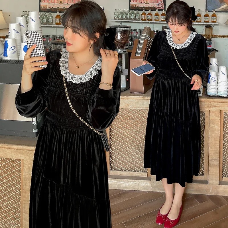 

Женское весеннее платье с круглым вырезом, однотонное кружевное бархатное платье размера плюс, длина до середины икры, повседневная одежда,...