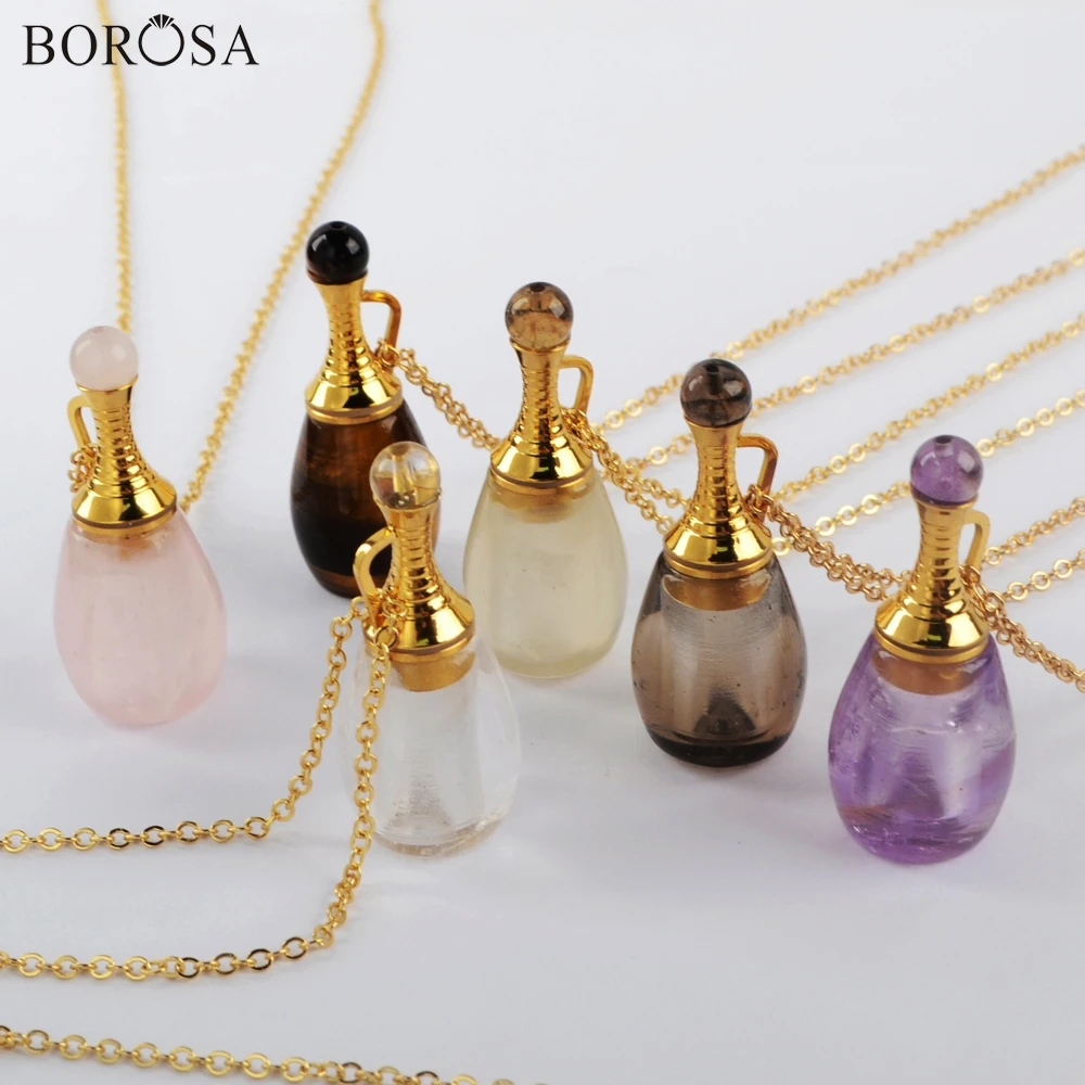 

BOROSA 3Pcs 26inch Gold Natural Stone Perfume Bottle Necklace Crystal Essentail Oils Bottle Charm Necklace for Girls WX1221-N