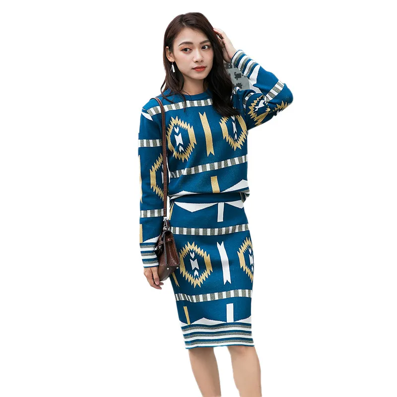 

2020 Autumn Two piece Set Women Jacquard Runway Suit Knitting Jumper Tops+Bodycon Skirts Vintage 2 Pieces Sweater Pullovers Suit