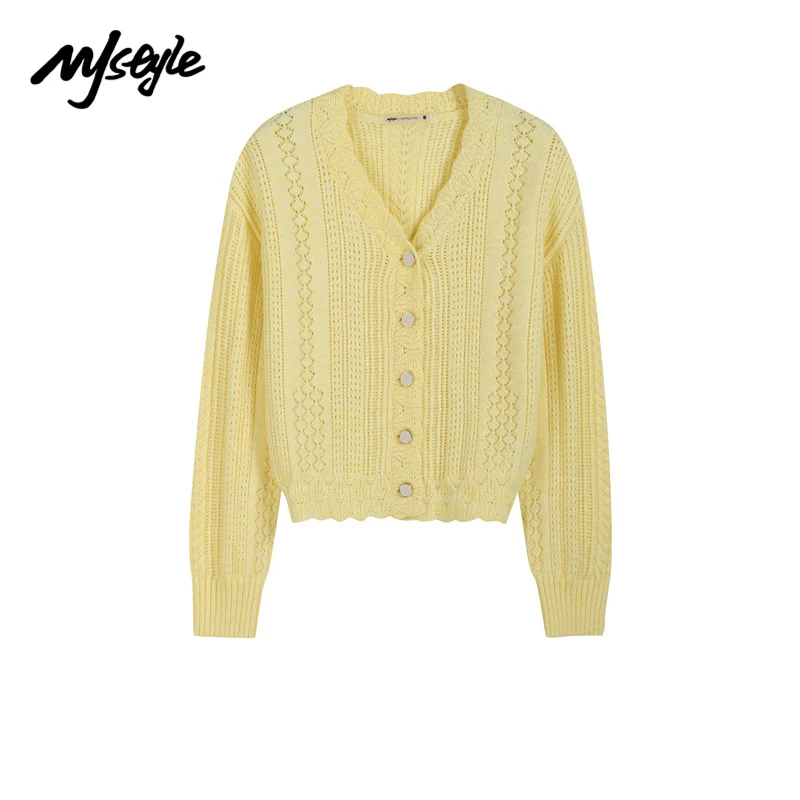 

MJstyle 2021 Fall Girls Womens Vintage V neck Hollow out Yellow Knit Cardigan Sweater Mujer 721190008