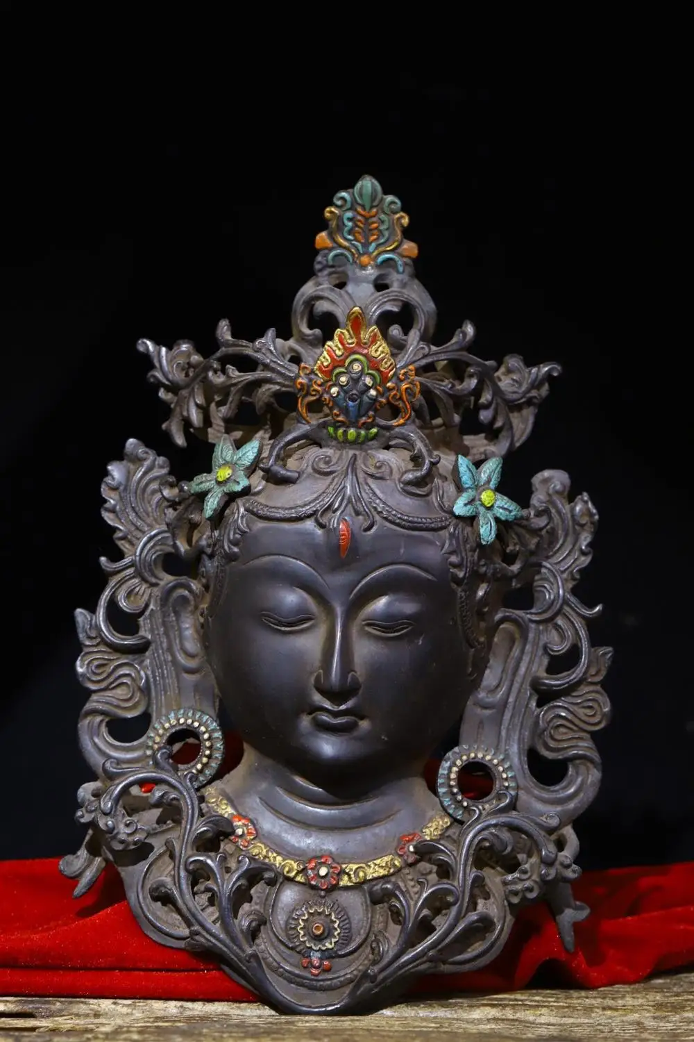 

Домашний декор 12 дюймов Тибетский буддистский храм старая бронзовая отслеживающая трехглазая статуя головы тары Будды зеленая маска голов...