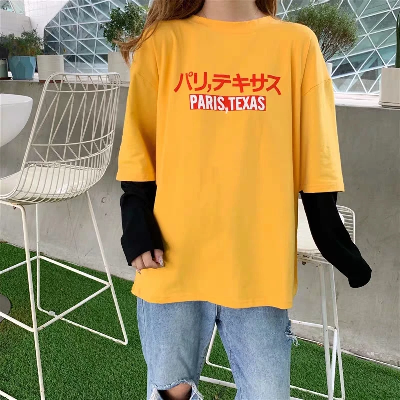Shellsuning/желтая Весенняя Футболка с имитацией 2 предметов для женщин Kawaii Лоскутная