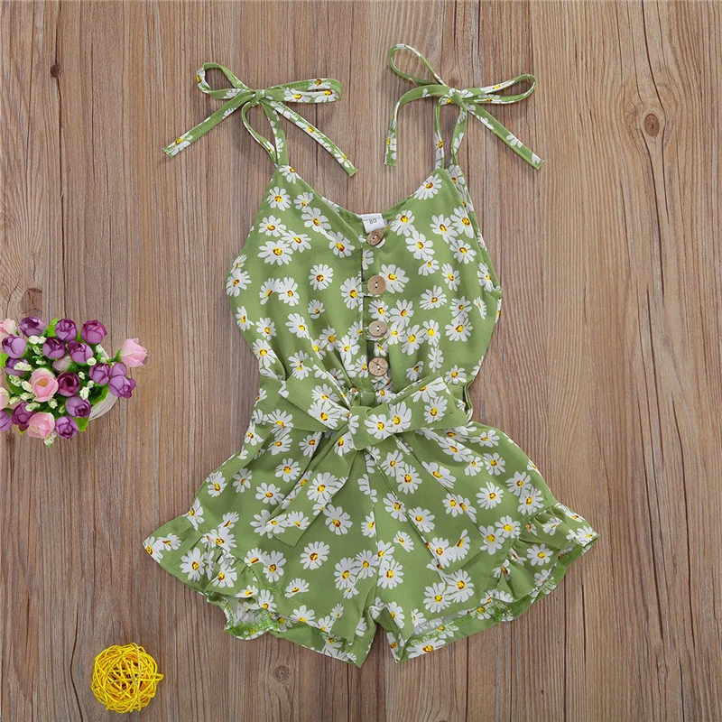 

2020 Summer Toddler Baby Girls Sling Sweet Rompers Cute Flowers Print Sleeveless V Neck Belt Chiffon Jumpsuits Button Overalls