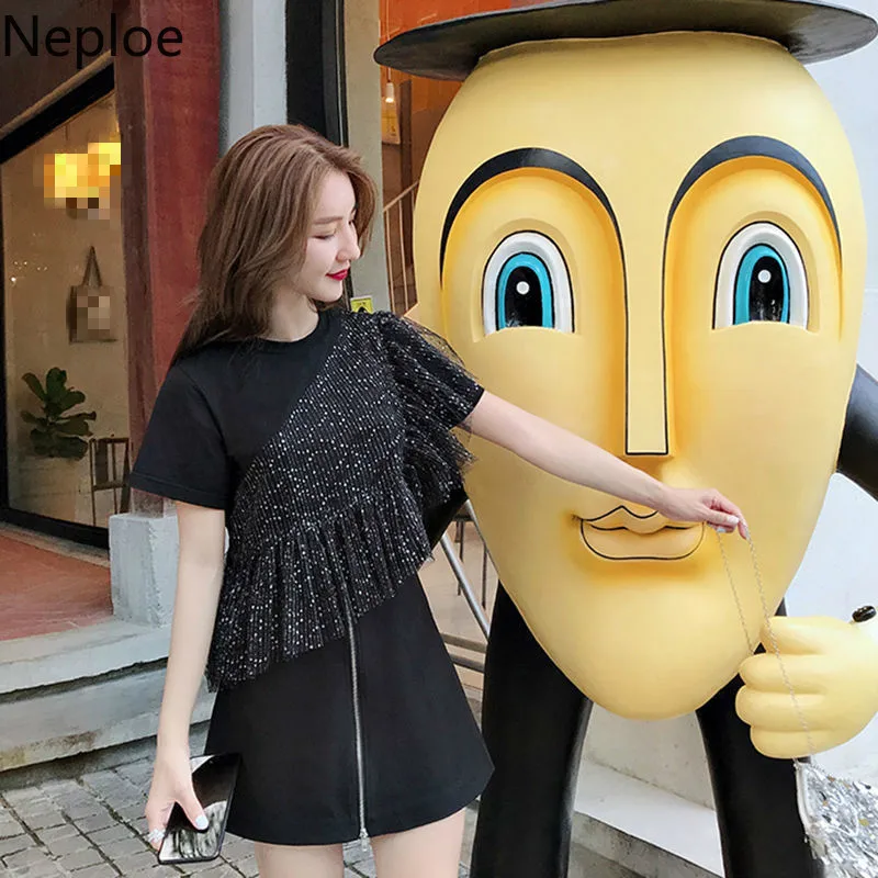 Neploe черная футболка с блестками и круглым вырезом в стиле пэчворк женская летняя