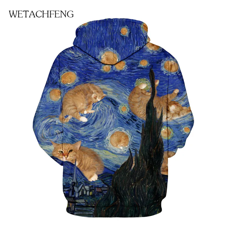 Толстовка с принтом Ван Гога милый кот звездное небо женская мужская толстовка