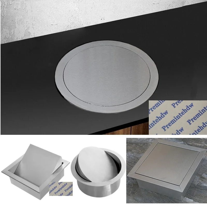 304 Stainless Steel Square Round Built-in Drop in Counter Bench Top Trash Waste Garbage Chute Flip-top Cover Lid Hotel Public
