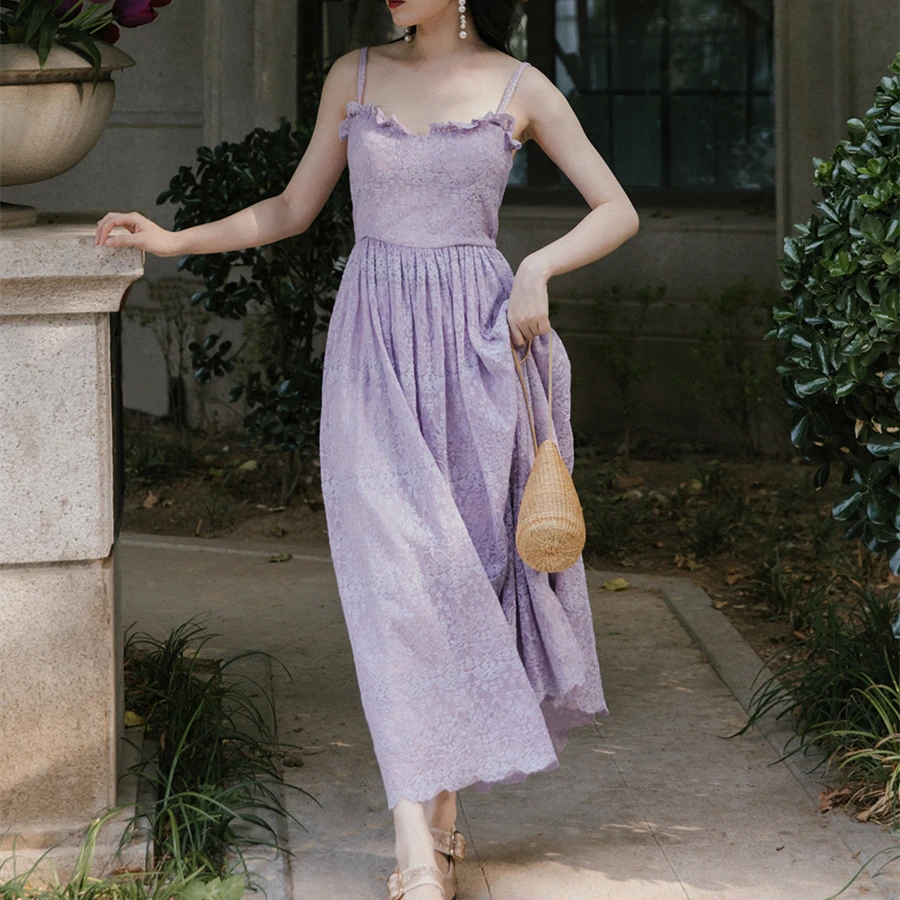 

Women Dress Spaghetti Strap Ruffle Backless Sexy Lace Embroidery Dresses Female Long Summer Sleeveless Outfits Holiday Clothes