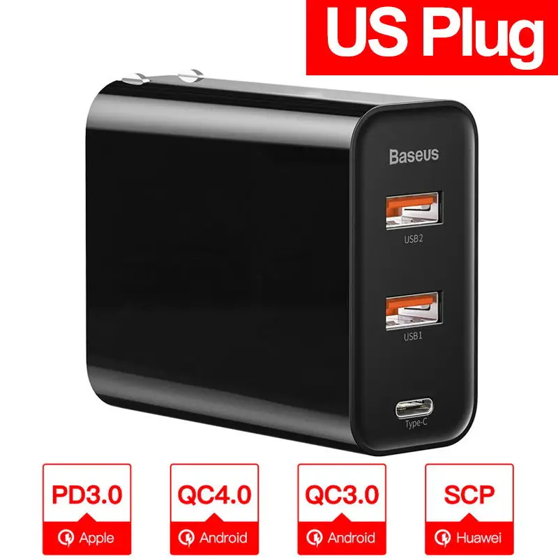 Black US Plug Baseus 60 Вт Быстрая зарядка 4,0 3,0 Мульти USB зарядное устройство для iPhone samsung iPad Pro Macbook SCP QC4.0 QC3.0 QC type C PD быстрое зарядное устройство - Тип штекера: Black US Plug