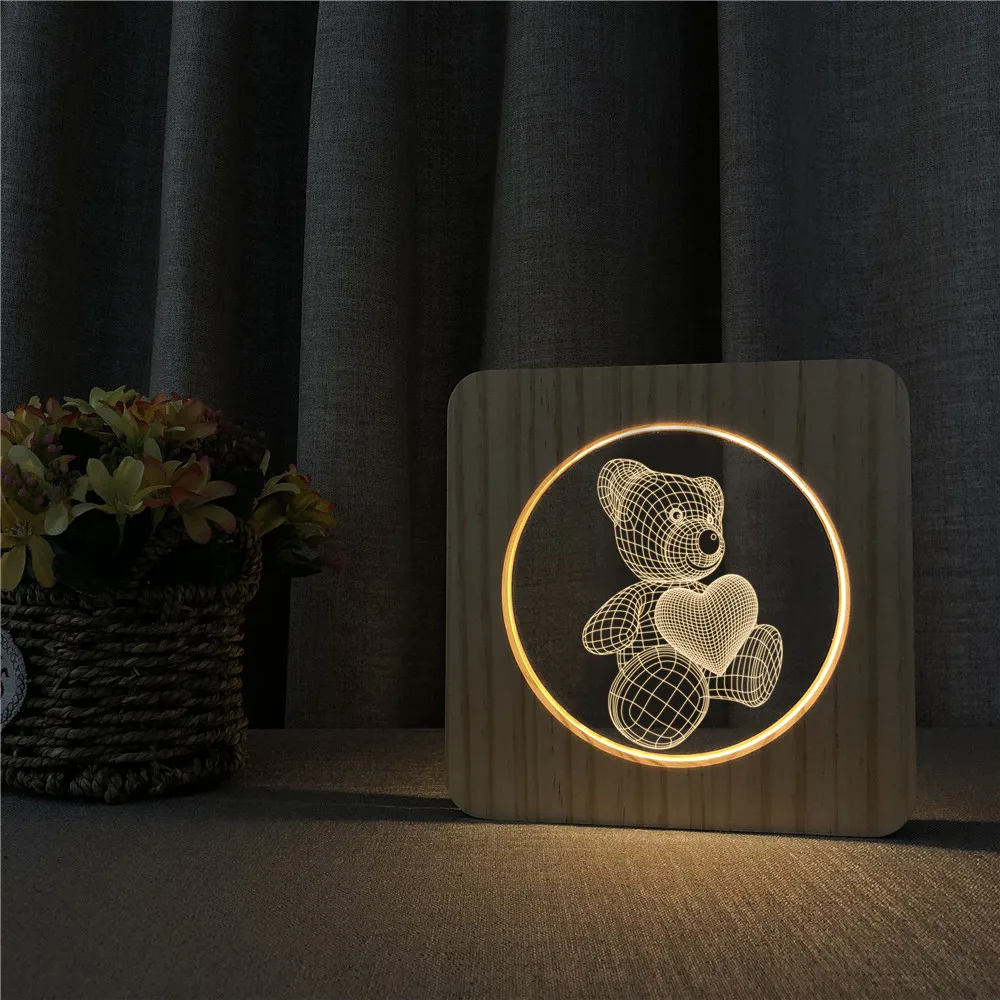 Любящее сердце медведь 3D светодиодный акриловый ночной Светильник Настольный