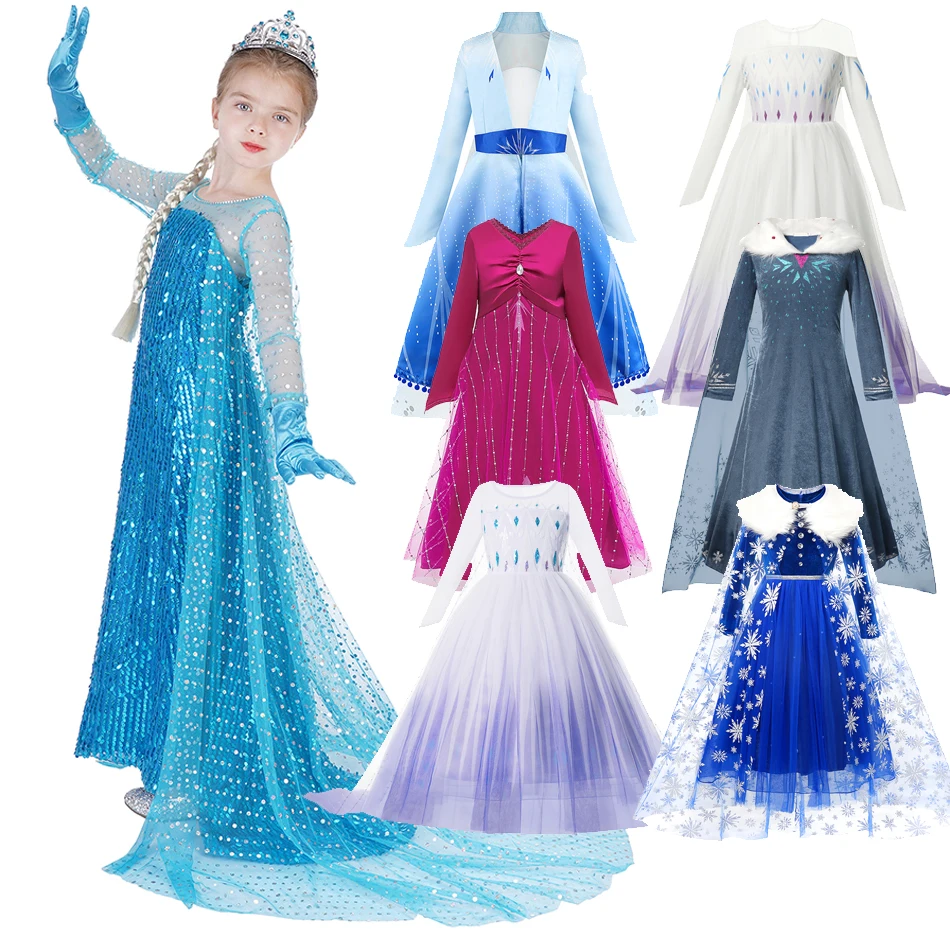 Disney Frozen Princess Dress Elsa Snow Queen Cosplay Vestido Girls Winter Halloween Party Christmas Costume