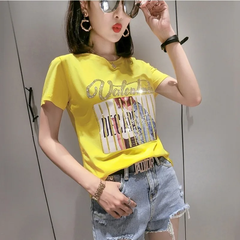 Женская футболка с бриллиантами летняя облегающая из 100% хлопка коротким рукавом