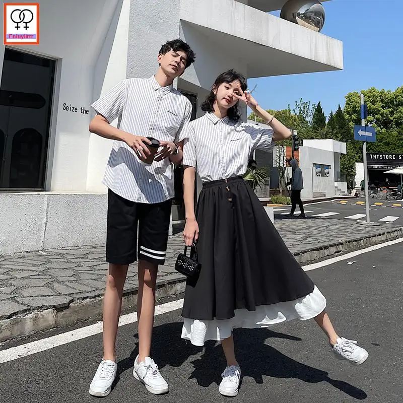 

Lovers Matching Lovers Clothes Summer Boyfriend Female Women Honeymoon Date Holiday Wear Cute Girls Button Stripe Couple Shirts