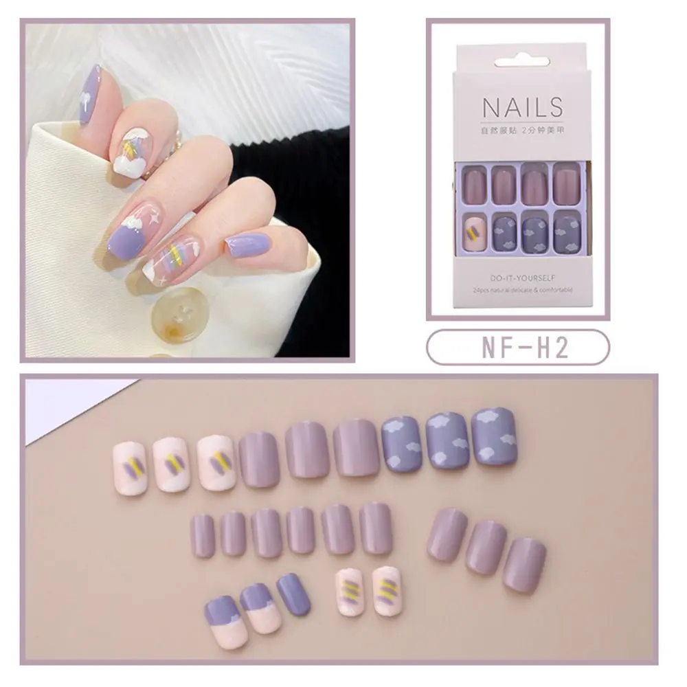 

24Pcs Fashion Cute Short Finished Nail Patch Wearable Nails DIY Fake Nails French Finger Nail Art Tips False Manicure with Glue