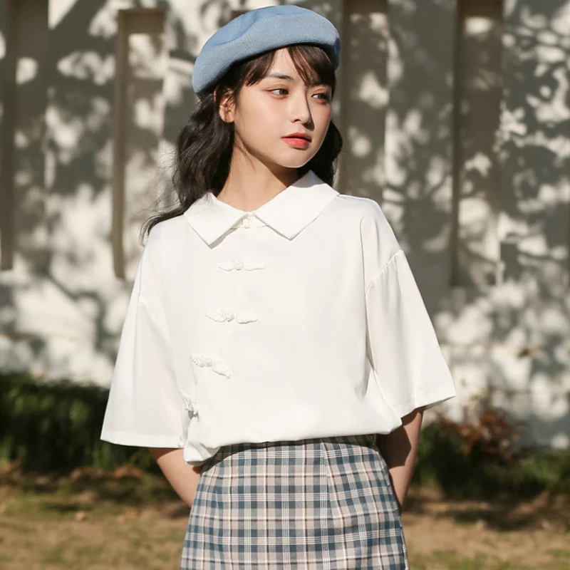 

Chic Khaki 2021 Summer New Non-mainstream Cheongsam Frog Button Short Sleeve Shirt Women's Loose Polo Lapel Half-Sleeve White