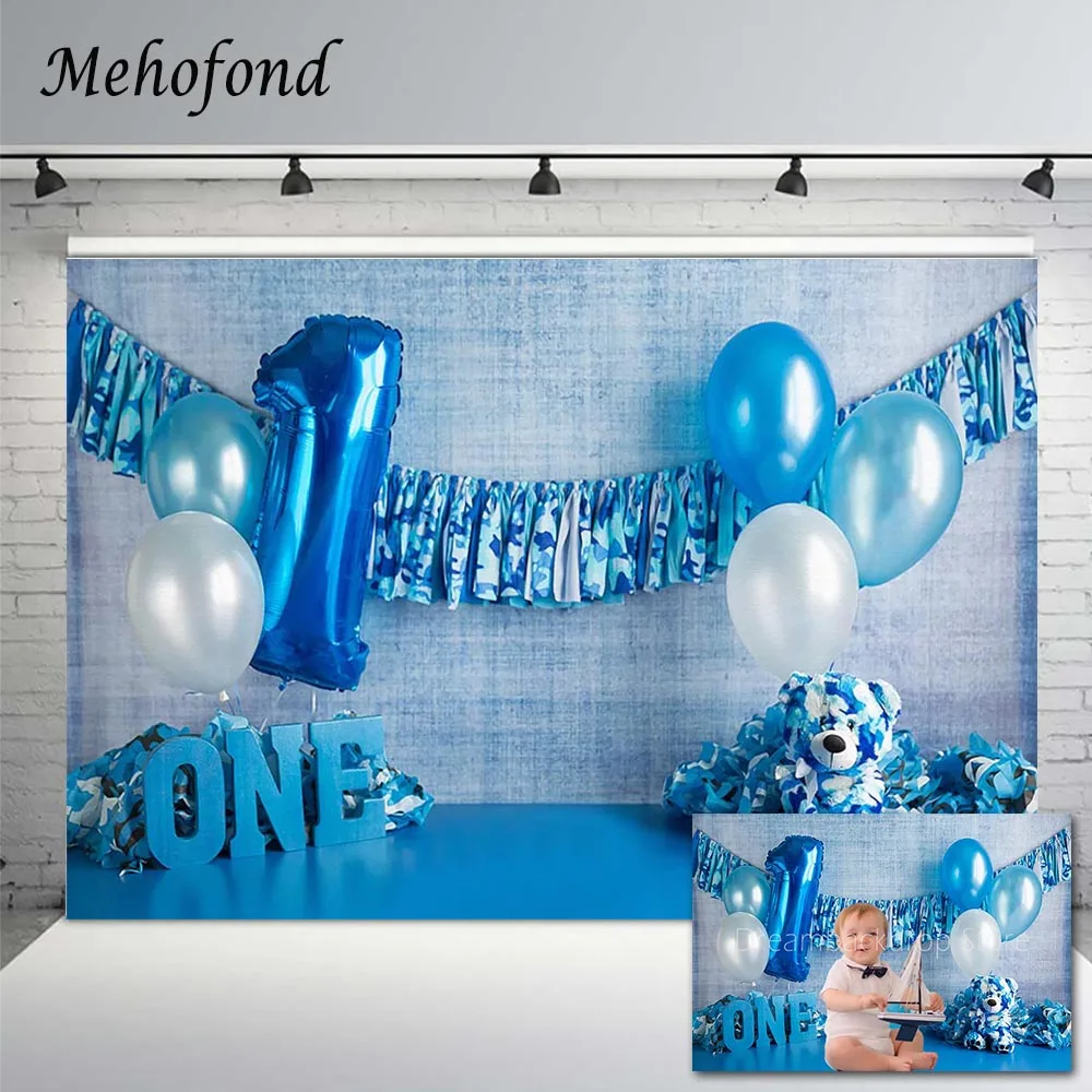 

Mehofond Boy 1st Birthday Party Background Blue Balloons Floor Bear Flower Baby Portrait Photography Background Photo Studio