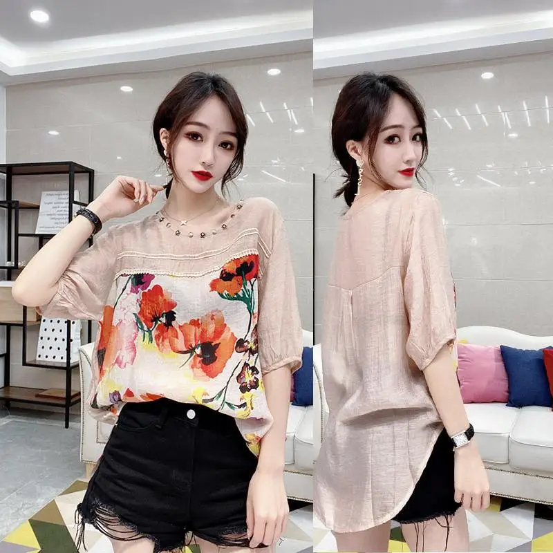 

Summer fashion new retro heavy industry rivet T-shirt women's short sleeve loose thin print top