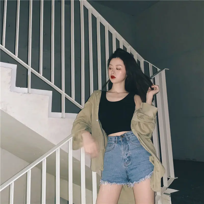 

Hong Kong-style Short Style With Bottom Sleeveless Sling Top Women's Summer Black Outside Wearing Tight Navel Vest