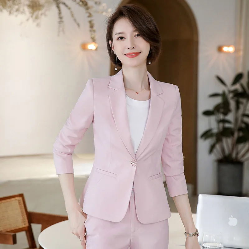 Business Office Ladies Suit Early Autumn New OL Fashion Pink Blazer Women's Style Slim Pants Set Two-piece 2022 Women's Suit Set enlarge
