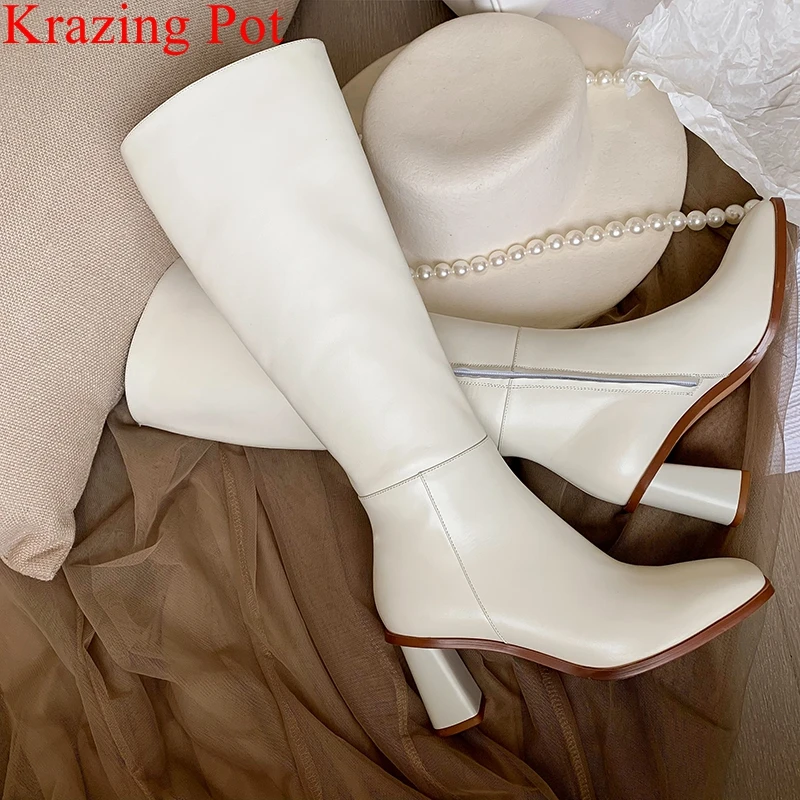 

Krazing Pot ins brand cow leather thigh high boots solid warm winter shoes square toe zipper dating office lady knee-high boots