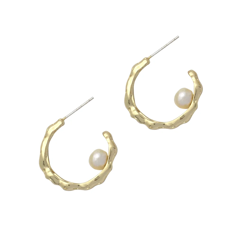 

KURSHUNI Hammered fresh water pearl earrings For Women Gold luxury hoop earrings Korea style 2020 new fashion Party Girls Gifts