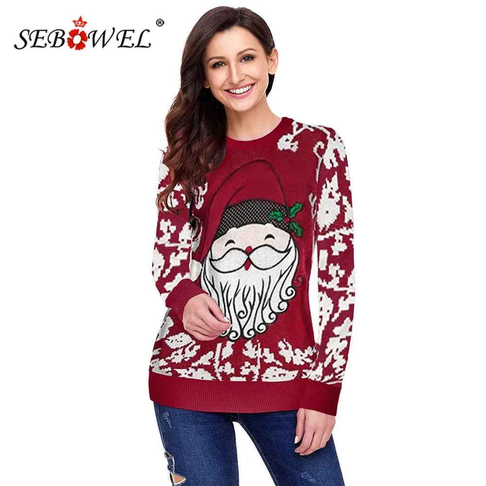 

SEBOWEL Female Autumn Winter Xmas Pullovers 2019 New Ugly Christmas Sweater Woman Reindeer Santa Clause Cartoon Print Tops S-XXL