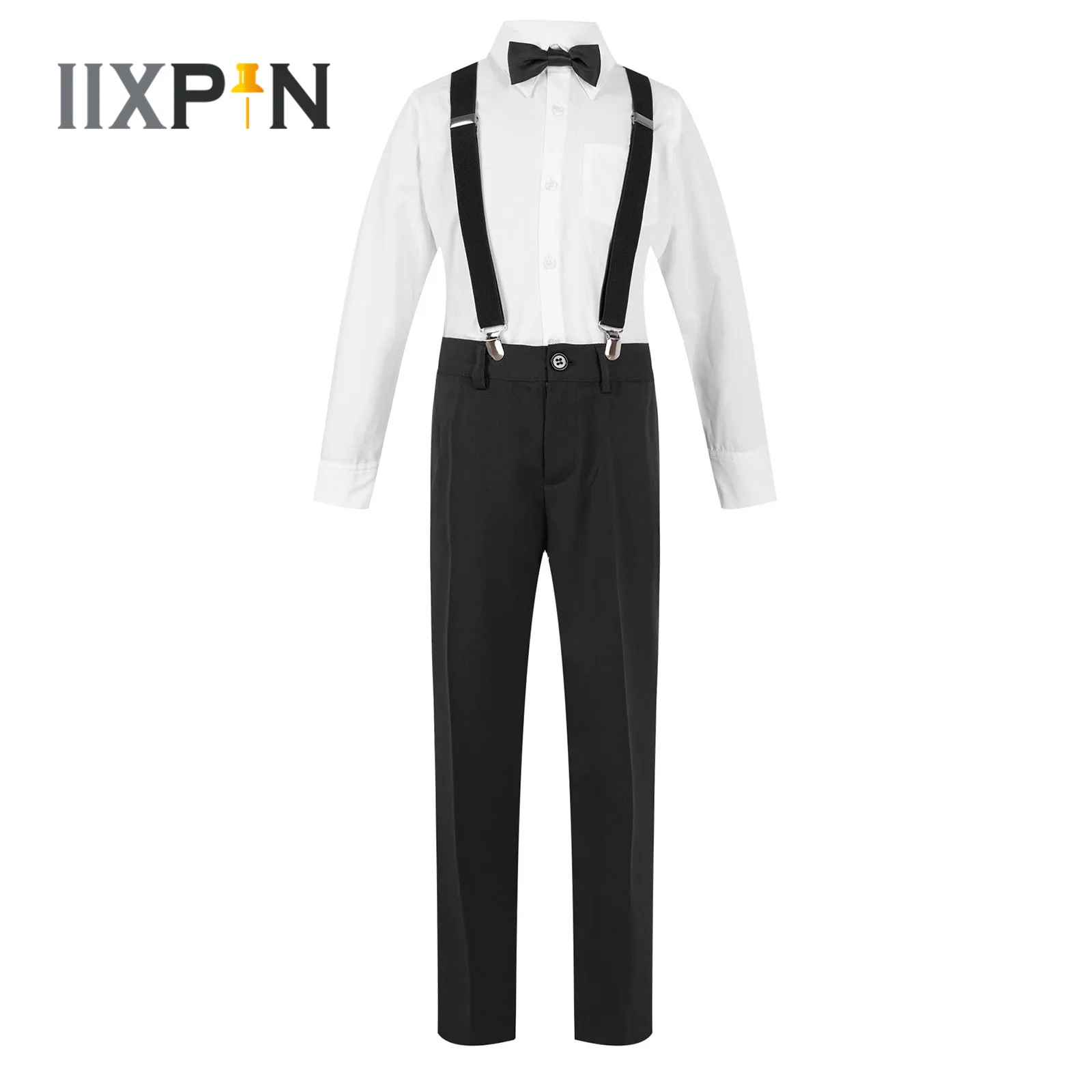 Купи 4Pcs Children's Gentleman Clothes Bowtie Shirt Suspenders Pants Flower Boy's Suit Party Performance Costumes Kids Suits for Boys за 1,247 рублей в магазине AliExpress