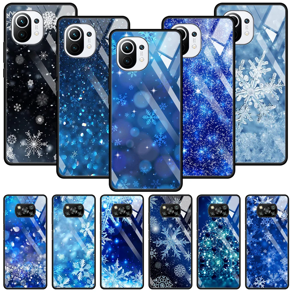 

Winter Blue Snowflakes Glass Case For Xiaomi Poco X3 NFC M2 F2 Pro Cover For MI 11 Ultra 11 10 10T Lite 9T CC9E CC9 Note 10 Capa